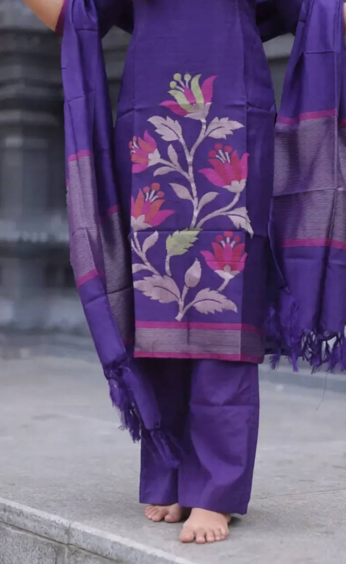 Violet woven jaquard kurti dupatta with pant