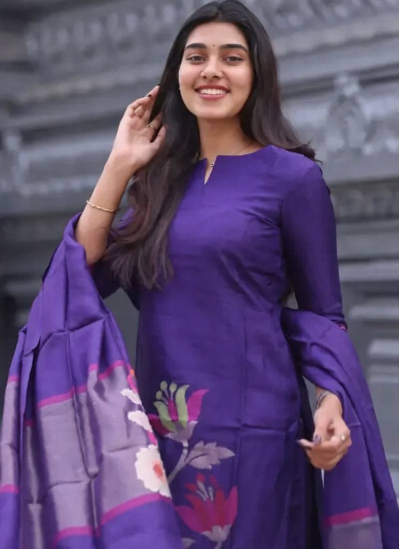 Violet woven jaquard kurti dupatta with pant
