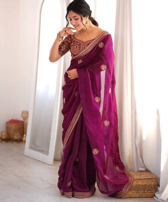 Wine tissue satin embroidered saree with unstitched blouse piece. 3