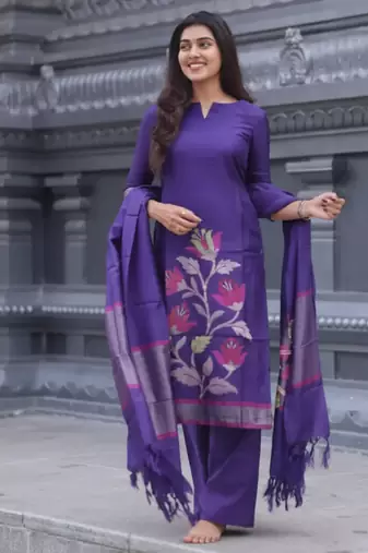 Violet woven jaquard kurti dupatta with pant
