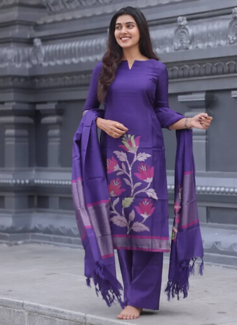 Violet woven jaquard kurti dupatta with pant