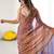 Brown tissue satin embroidered saree with unstitched blouse piece.