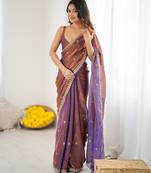 Brown tissue satin embroidered saree with unstitched blouse piece.