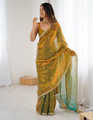 Gold tissue satin embroidered saree with unstitched blouse piece. 1
