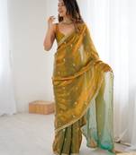 Gold tissue satin embroidered saree with unstitched blouse piece.