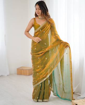 Gold tissue satin embroidered saree with unstitched blouse piece. 3