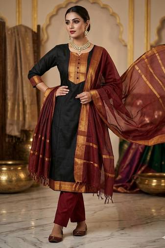 Black woven jaquard straight kurti dupatta with pant