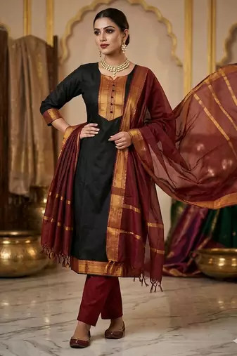 Black woven jaquard straight kurti dupatta with pant