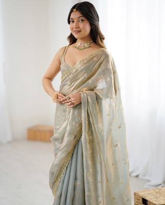 Grey tissue satin embroidered saree with unstitched blouse piece. 2