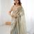 Grey tissue satin embroidered saree with unstitched blouse piece.