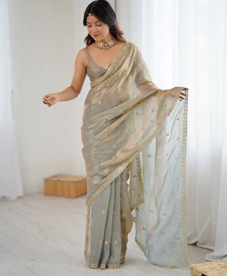 Grey tissue satin embroidered saree with unstitched blouse piece. 3