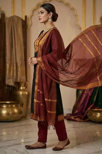 Black woven jaquard straight kurti dupatta with pant