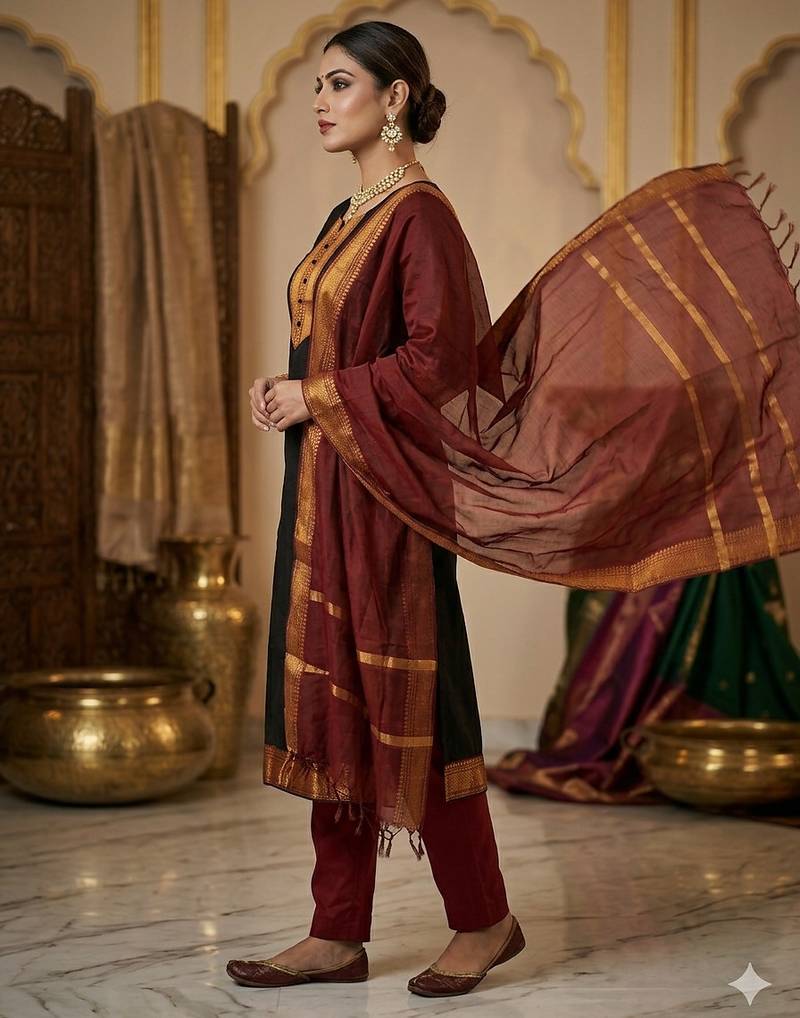 Black woven jaquard straight kurti dupatta with pant