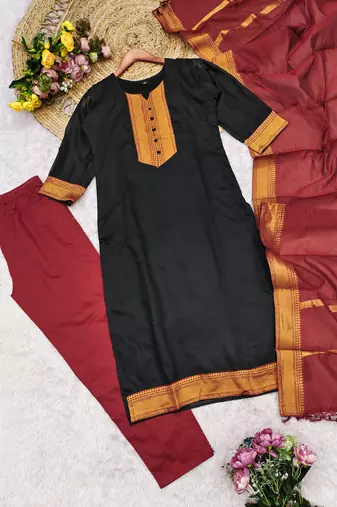 Black woven jaquard straight kurti dupatta with pant
