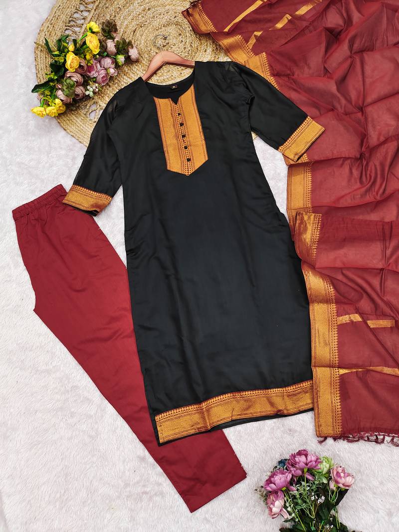 Black woven jaquard straight kurti dupatta with pant