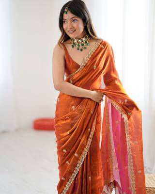 Orange tissue satin embroidered saree with unstitched blouse piece. 4