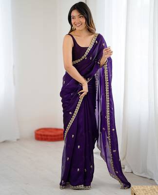Purple tissue satin embroidered saree with unstitched blouse piece. 1