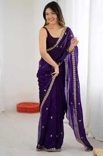 Purple tissue satin embroidered saree with unstitched blouse piece.