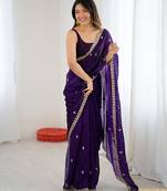Purple tissue satin embroidered saree with unstitched blouse piece.