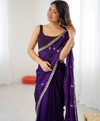 Purple tissue satin embroidered saree with unstitched blouse piece. 3