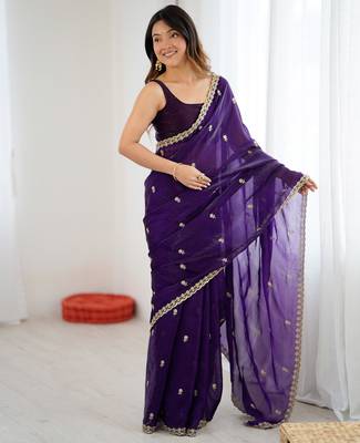 Purple tissue satin embroidered saree with unstitched blouse piece. 4