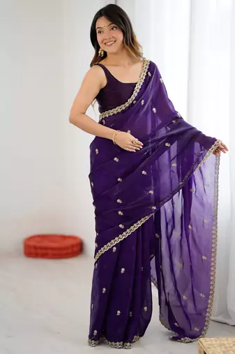 Purple tissue satin embroidered saree with unstitched blouse piece.