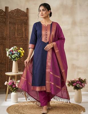 Blue woven jaquard straight kurti dupatta with pant 1