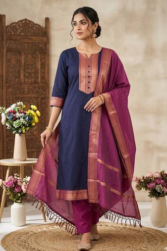 Blue woven jaquard straight kurti dupatta with pant