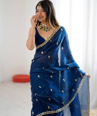 Teal tissue satin embroidered saree with unstitched blouse piece. 2