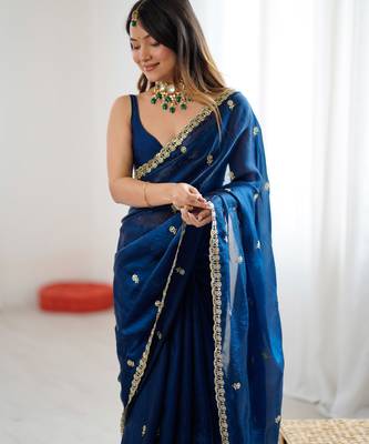 Teal tissue satin embroidered saree with unstitched blouse piece. 3