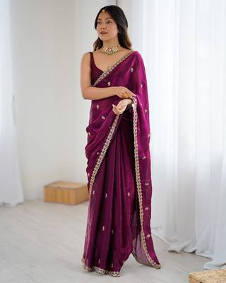 Wine tissue satin embroidered saree with unstitched blouse piece. 2
