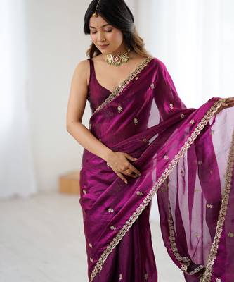 Wine tissue satin embroidered saree with unstitched blouse piece. 3