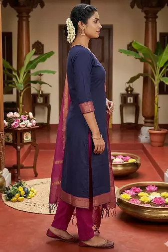 Blue woven jaquard straight kurti dupatta with pant