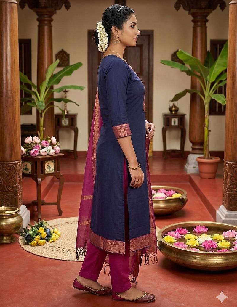 Blue woven jaquard straight kurti dupatta with pant