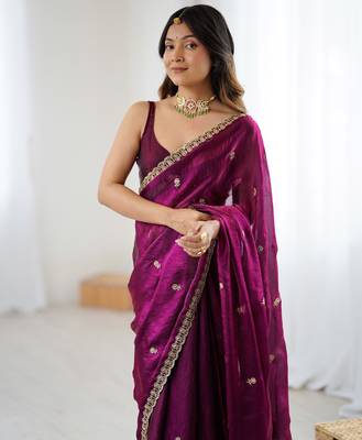 Wine tissue satin embroidered saree with unstitched blouse piece. 4