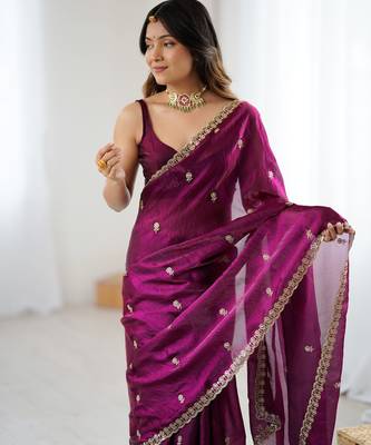 Wine tissue satin embroidered saree with unstitched blouse piece. 5