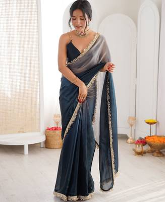 Grey & navy blue tissue satin sequins saree with unstitched blouse piece. 2