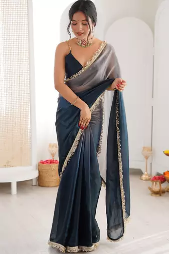Grey & navy blue tissue satin sequins saree with unstitched blouse piece.