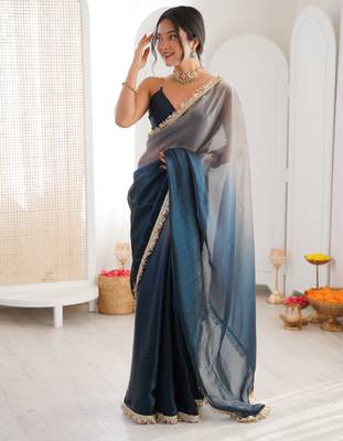 Grey & navy blue tissue satin sequins saree with unstitched blouse piece. 3