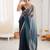 Grey & navy blue tissue satin sequins saree with unstitched blouse piece.