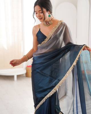 Grey & navy blue tissue satin sequins saree with unstitched blouse piece. 4