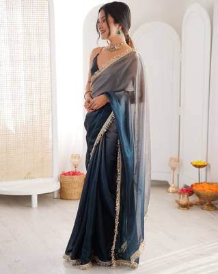 Grey & navy blue tissue satin sequins saree with unstitched blouse piece. 5