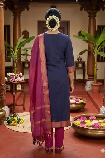 Blue woven jaquard straight kurti dupatta with pant