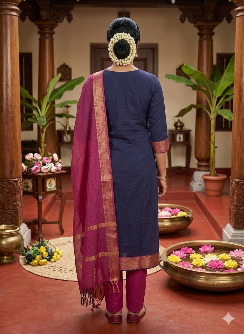 Blue woven jaquard straight kurti dupatta with pant