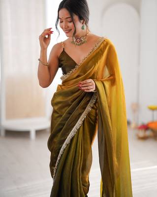 Olive tissue satin sequins saree with unstitched blouse piece. 1