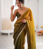 Olive tissue satin sequins saree with unstitched blouse piece.