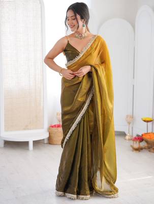 Olive tissue satin sequins saree with unstitched blouse piece. 3