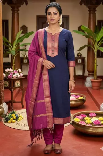 Blue woven jaquard straight kurti dupatta with pant