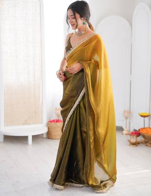 Olive tissue satin sequins saree with unstitched blouse piece. 4