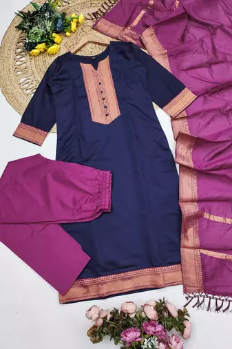 Blue woven jaquard straight kurti dupatta with pant